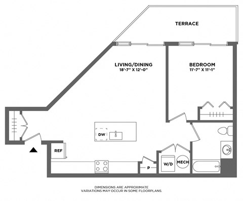Floor plan for 1 bed, 1 bath, 803 sqft