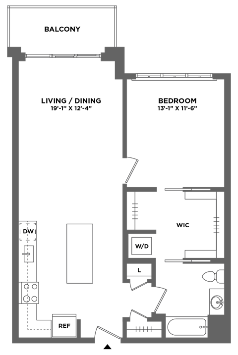 Floor plan for 1 bed, 1 bath, 828 sqft