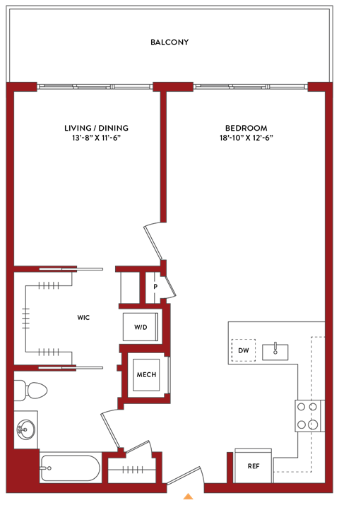 Floor plan for 1 bed, 1 bath, 796 sqft