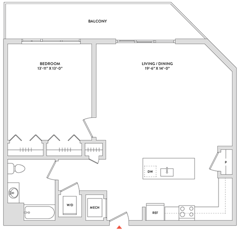 Floor plan for 1 bed, 1 bath, 960 sqft