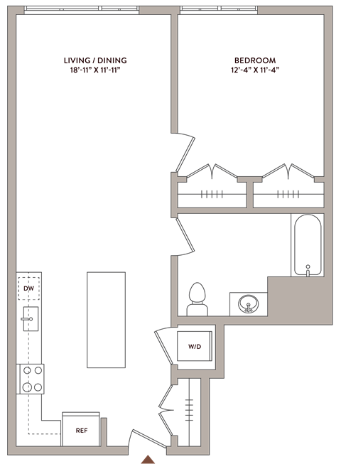 Floor plan for 1 bed, 1 bath, 740 sqft