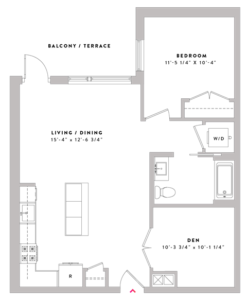 Floor plan for 1 bed, 1 bath, 872 sqft