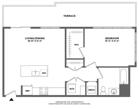 Floor plan for 1 bed, 1 bath, 832 sqft