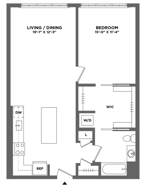 Floor plan for 1 bed, 1 bath, 859 sqft