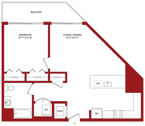 Floor plan for 1 bed, 1 bath, 796 sqft