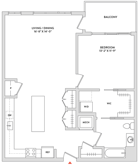 Floor plan for 1 bed, 1 bath, 1000 sqft