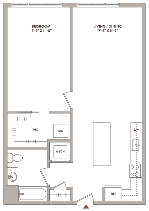 Floor plan for 1 bed, 1 bath, 835 sqft