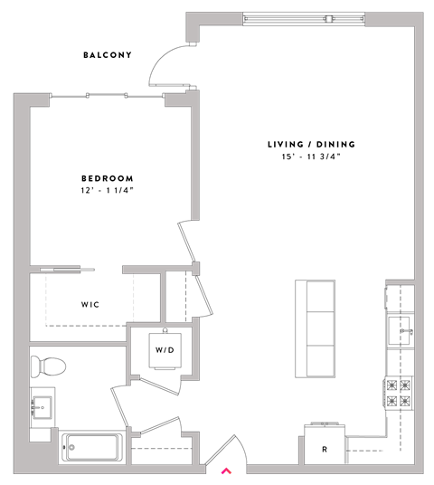 Floor plan for 1 bed, 1 bath, 911 sqft