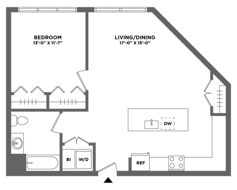 Floor plan for 1 bed, 1 bath, 800 sqft
