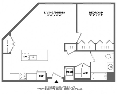 Floor plan for 1 bed, 1 bath, 835 sqft