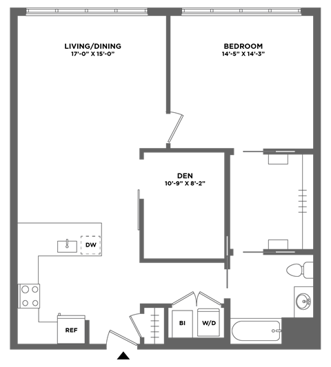 Floor plan for 1 bed, 1 bath, 1038 sqft