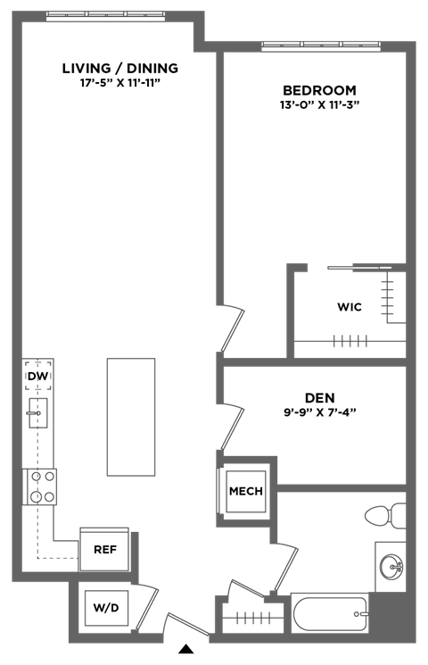 Floor plan for 1 bed, 1 bath, 940 sqft