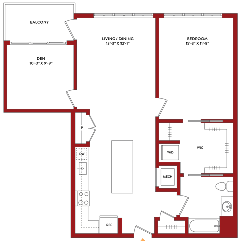 Floor plan for 1 bed, 1 bath, 999 sqft