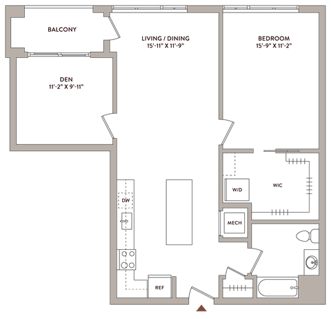 Floor plan for 1 bed, 1 bath, 988 sqft