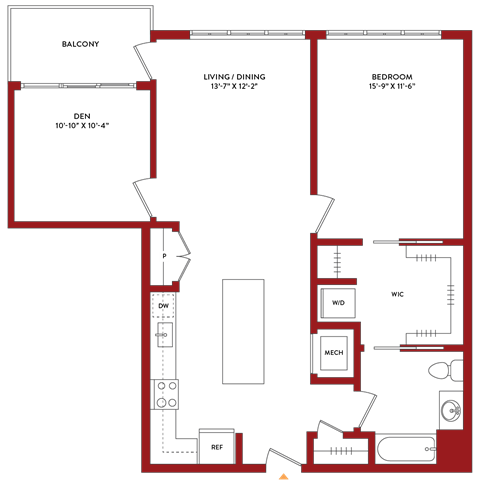 Floor plan for 1 bed, 1 bath, 994 sqft