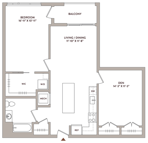 Floor plan for 1 bed, 1 bath, 980 sqft