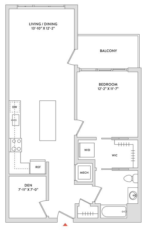 Floor plan for 1 bed, 1 bath, 887 sqft
