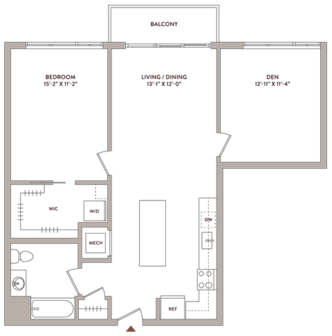 Floor plan for 1 bed, 1 bath, 960 sqft