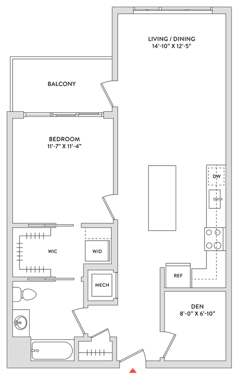 Floor plan for 1 bed, 1 bath, 880 sqft