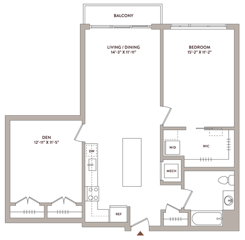 Floor plan for 1 bed, 1 bath, 990 sqft