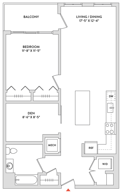 Floor plan for 1 bed, 1 bath, 945 sqft