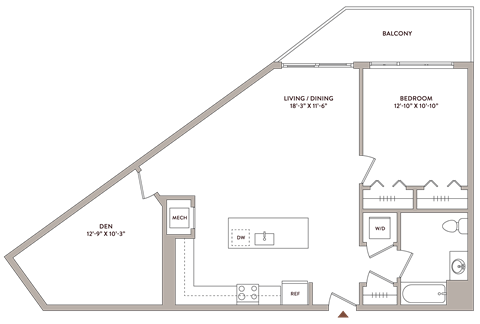 Floor plan for 1 bed, 1 bath, 1013 sqft