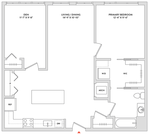 Floor plan for 1 bed, 1 bath, 990 sqft