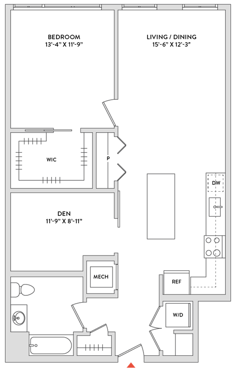 Floor plan for 1 bed, 1 bath, 996 sqft