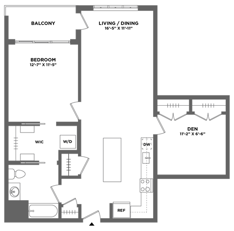 Floor plan for 1 bed, 1 bath, 956 sqft