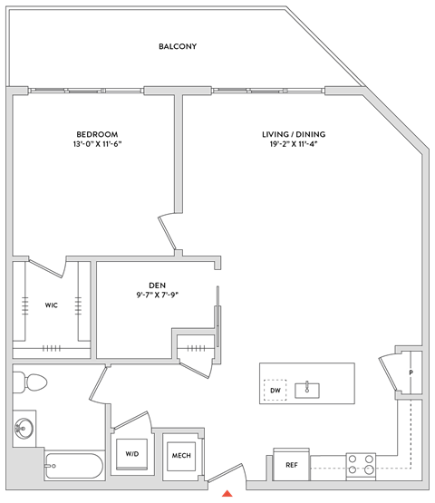 Floor plan for 1 bed, 1 bath, 1081 sqft