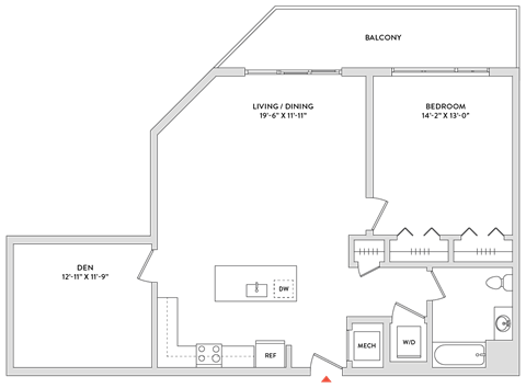 Floor plan for 1 bed, 1 bath, 1100 sqft