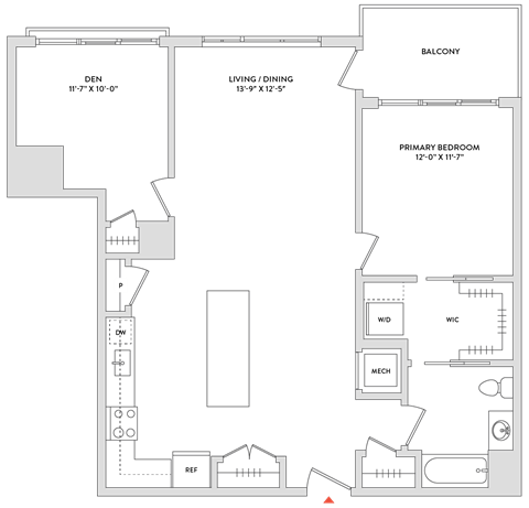 Floor plan for 1 bed, 1 bath, 1105 sqft