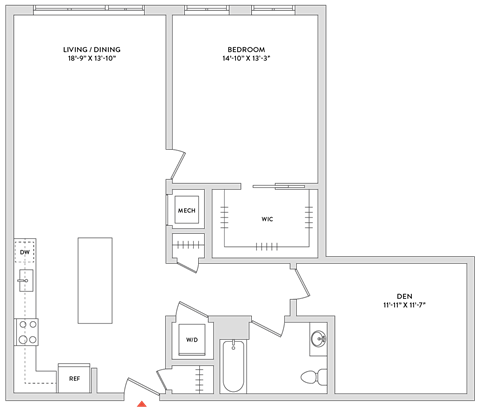 Floor plan for 1 bed, 1 bath, 1160 sqft