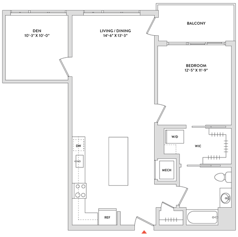Floor plan for 1 bed, 1 bath, 1162 sqft