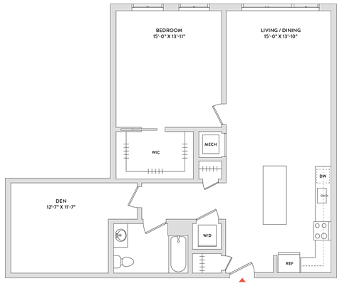 Floor plan for 1 bed, 1 bath, 1184 sqft