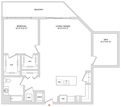 Floor plan for 1 bed, 1 bath, 1206 sqft
