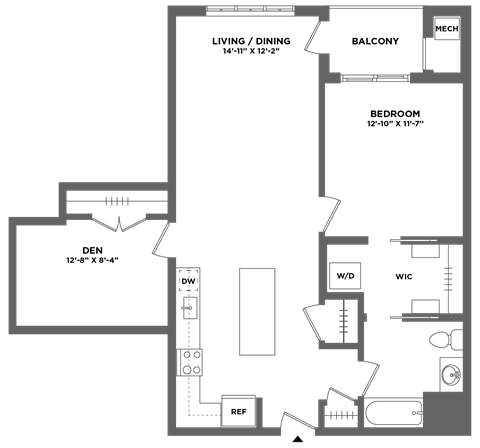 Floor plan for 1 bed, 1 bath, 956 sqft