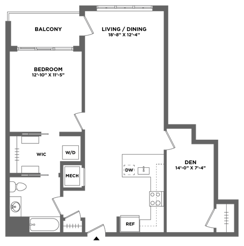 Floor plan for 1 bed, 1 bath, 966 sqft
