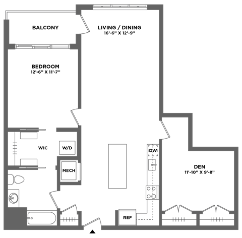 Floor plan for 1 bed, 1 bath, 1017 sqft