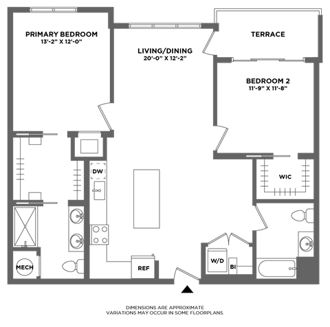 Floor plan for 2 beds, 2 baths, 1186 sqft