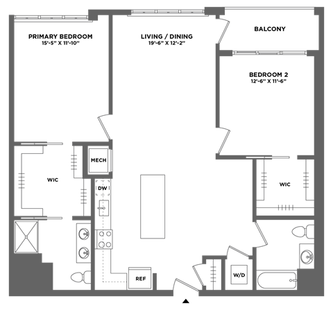 Floor plan for 2 beds, 2 baths, 1170 sqft