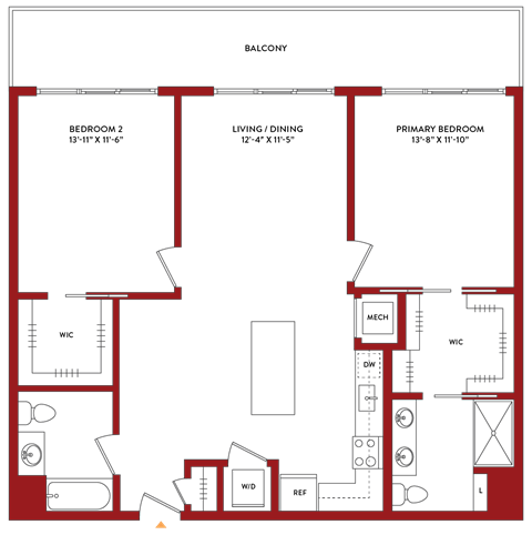 Floor plan for 2 beds, 2 baths, 1113 sqft