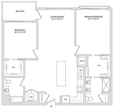 Floor plan for 2 beds, 2 baths, 1250 sqft