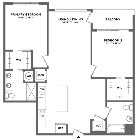 Floor plan for 2 beds, 2 baths, 1173 sqft