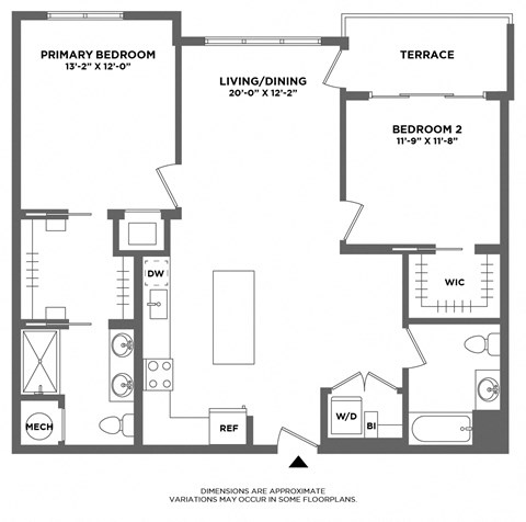 Floor plan for 2 beds, 2 baths, 1186 sqft