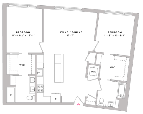 Floor plan for 2 beds, 2 baths, 1267 sqft