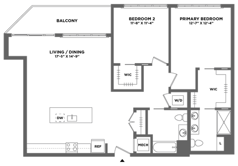 Floor plan for 2 beds, 2 baths, 1299 sqft