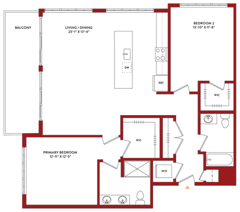 Floor plan for 2 beds, 2 baths, 1341 sqft