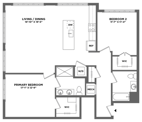 Floor plan for 2 beds, 2 baths, 1335 sqft