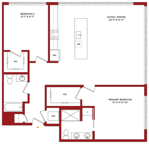 Floor plan for 2 beds, 2 baths, 1369 sqft